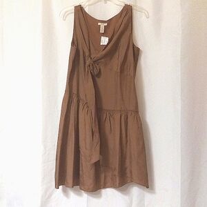 NWT J. Crew Silk Brown Dress Sleeveless Tie/Bow Lined 6P Side Zip Gathers